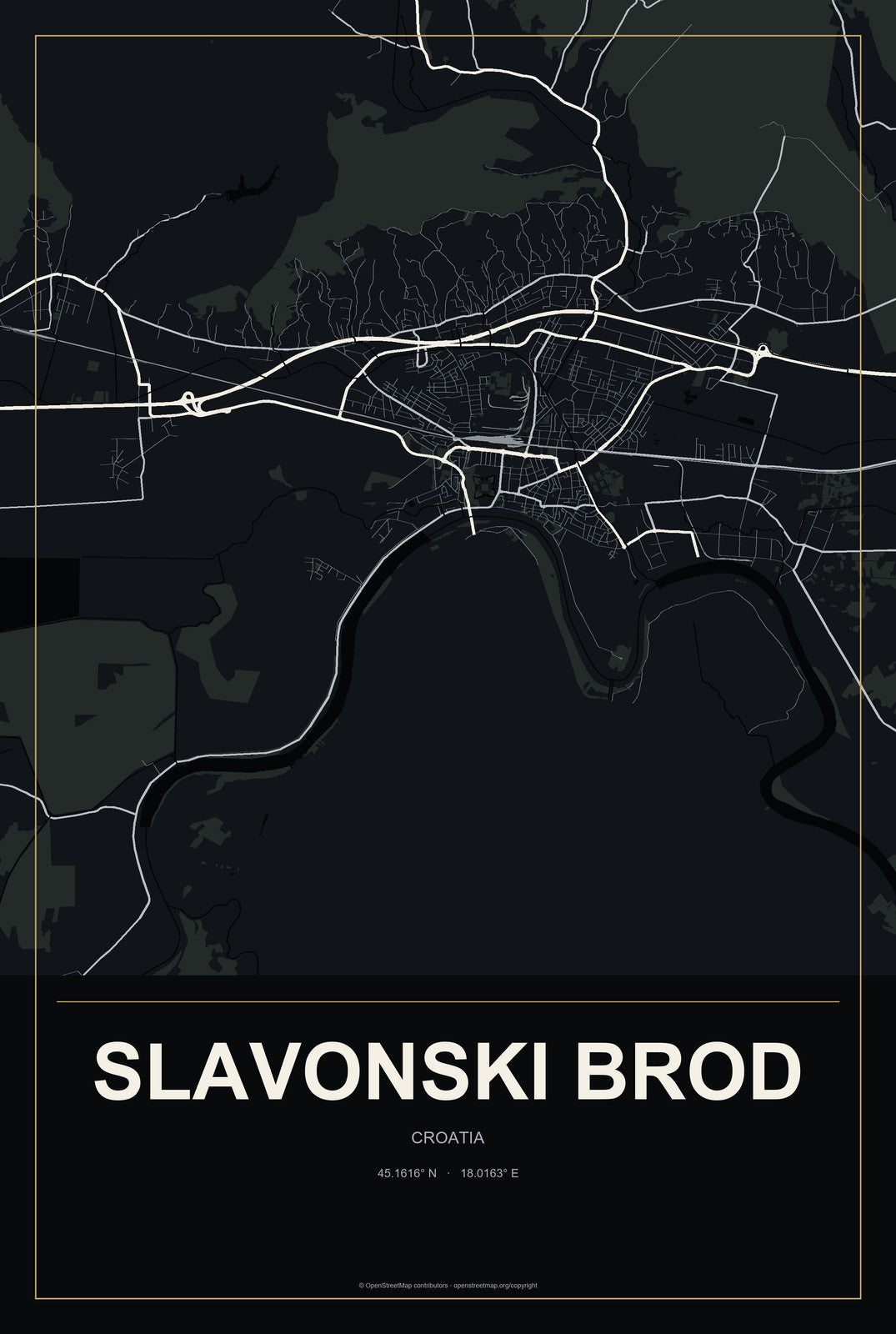 Slavonski Brod, Croatia City Map Aluminum Sign in Metropolitan Noir style