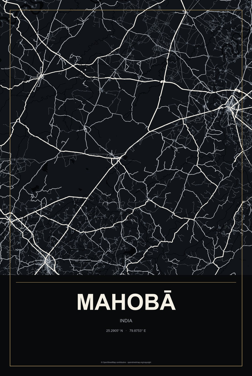 Mahobā, India City Map Aluminum Sign in Metropolitan Noir style