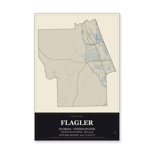 Flagler County, Florida Map Aluminum Sign in Museum Plaque style