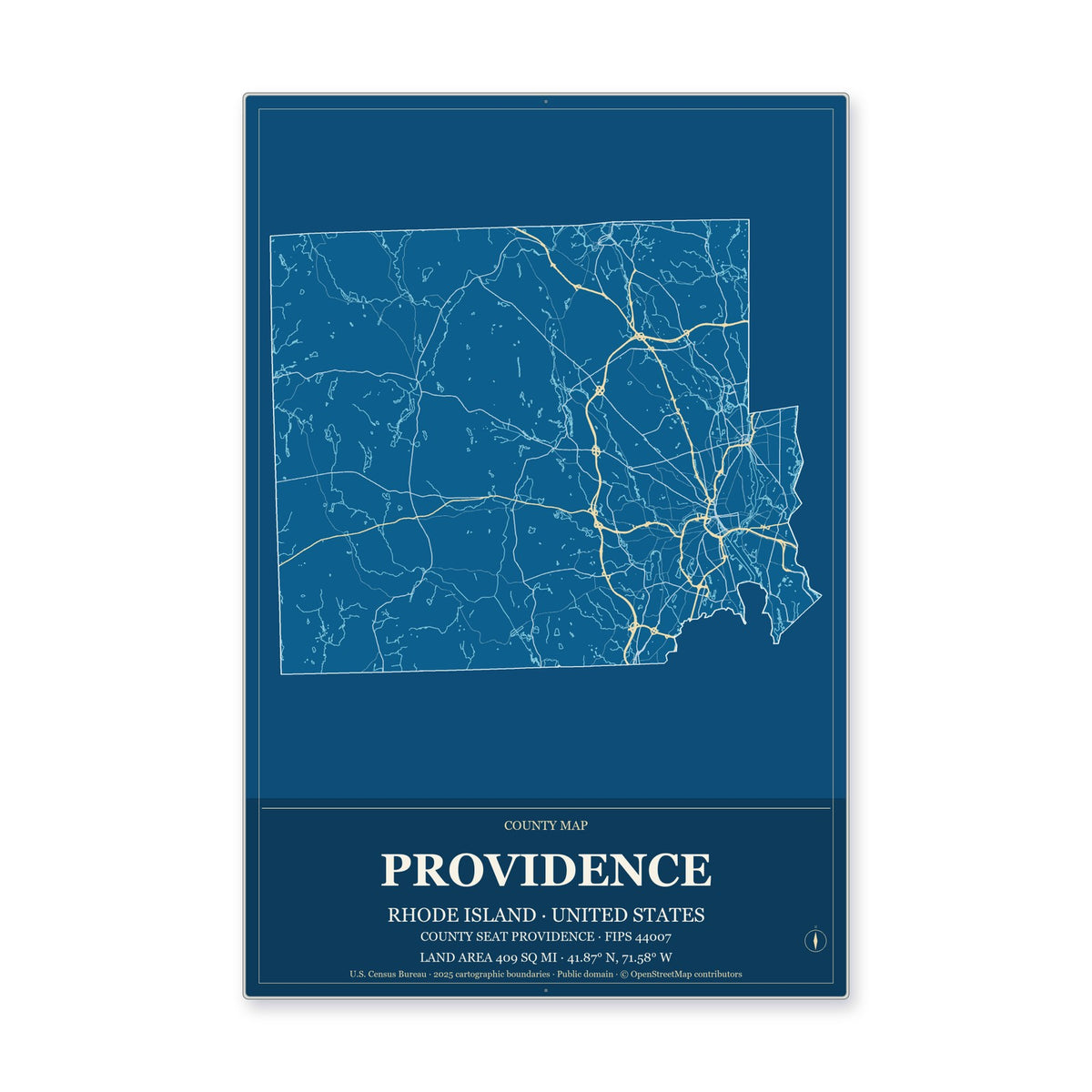 Providence County, Rhode Island Map Aluminum Sign in Harbor Cobalt style