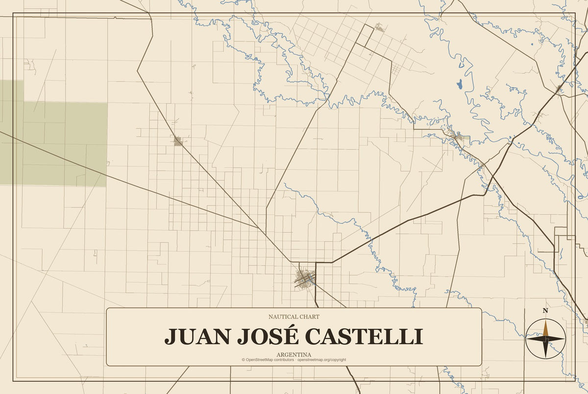 Juan José Castelli, Argentina City Map Aluminum Sign in Heritage Nautical style