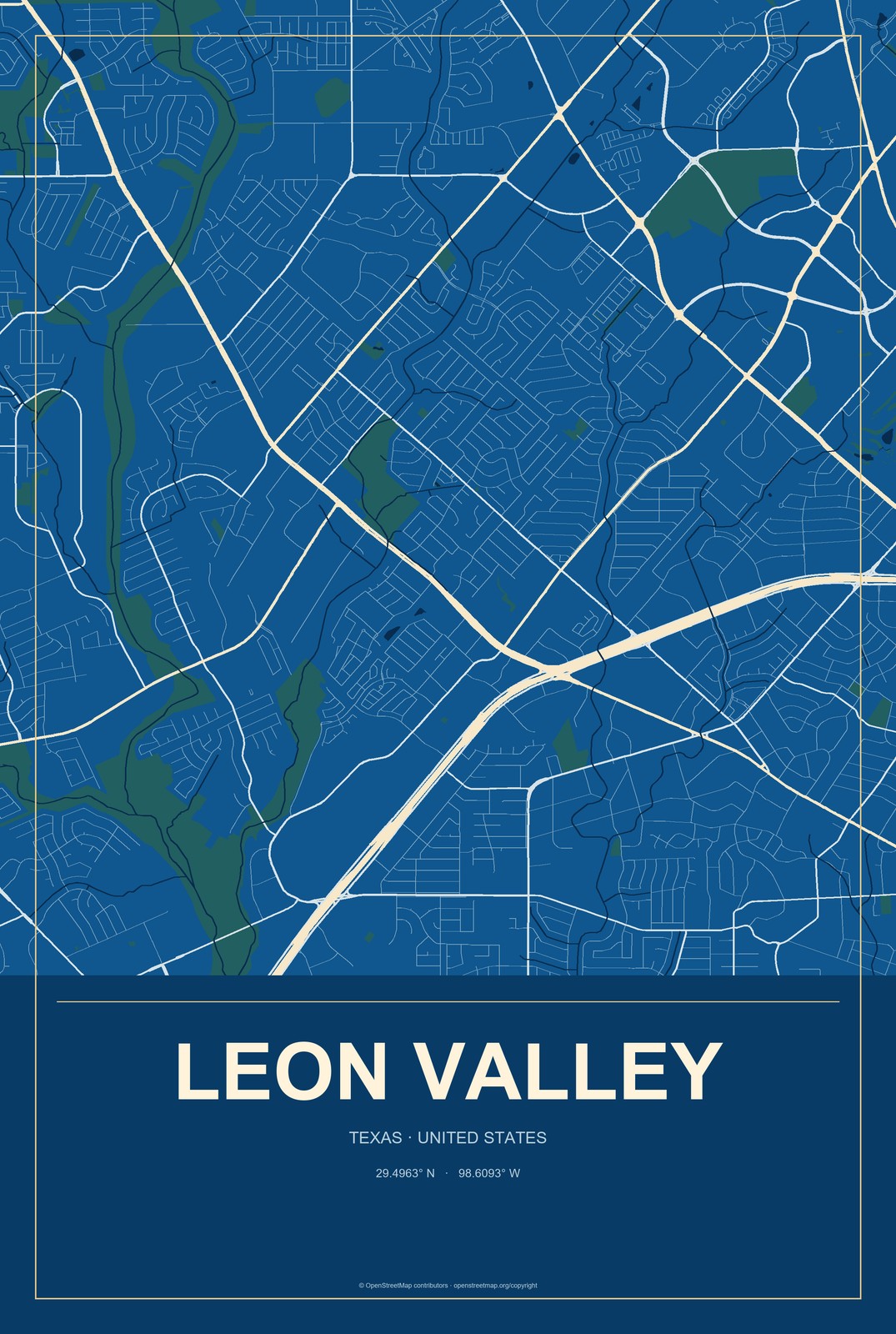 Leon Valley, Texas City Map Aluminum Sign in Harbor Cobalt style