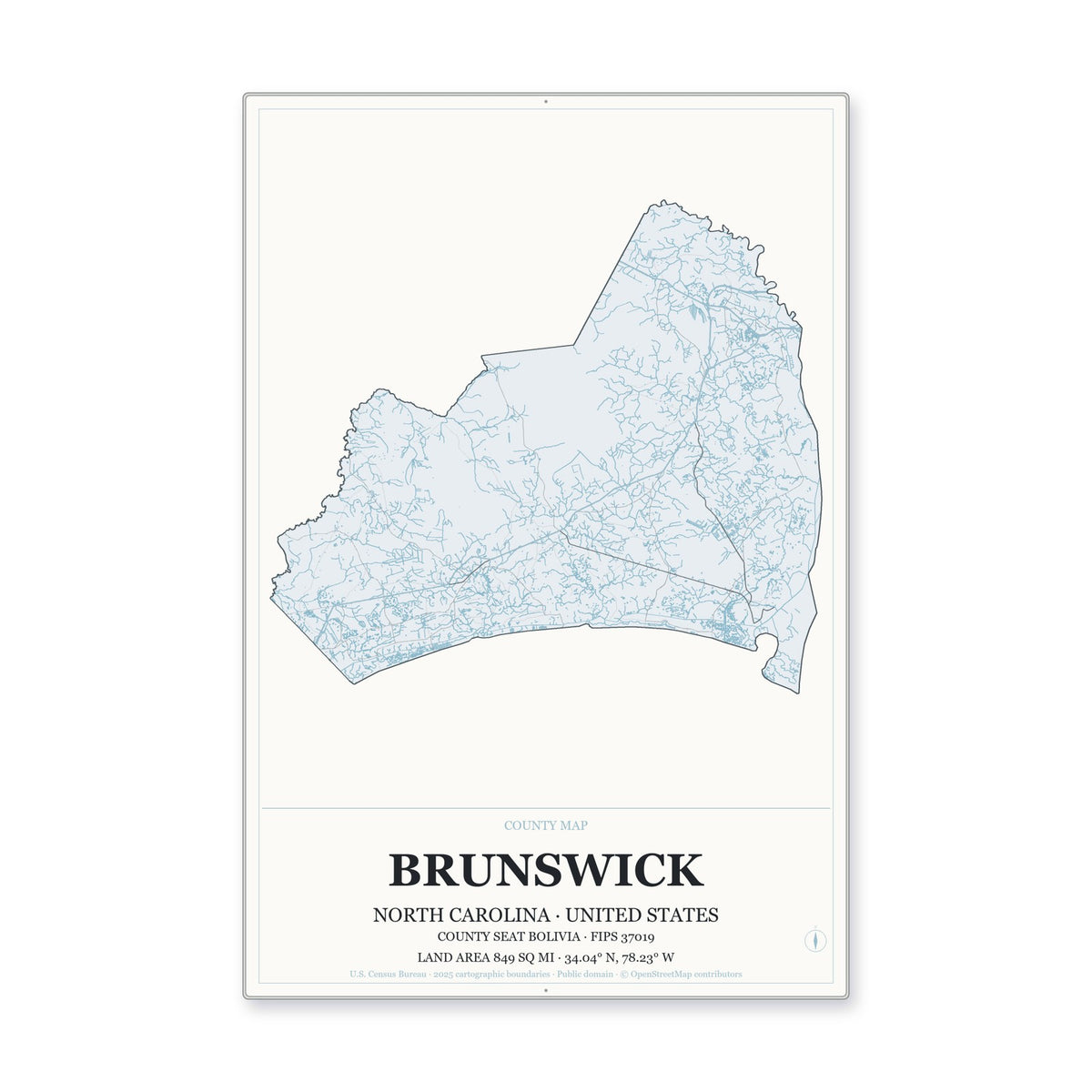 Brunswick County, North Carolina Map Aluminum Sign in Gallery Air style