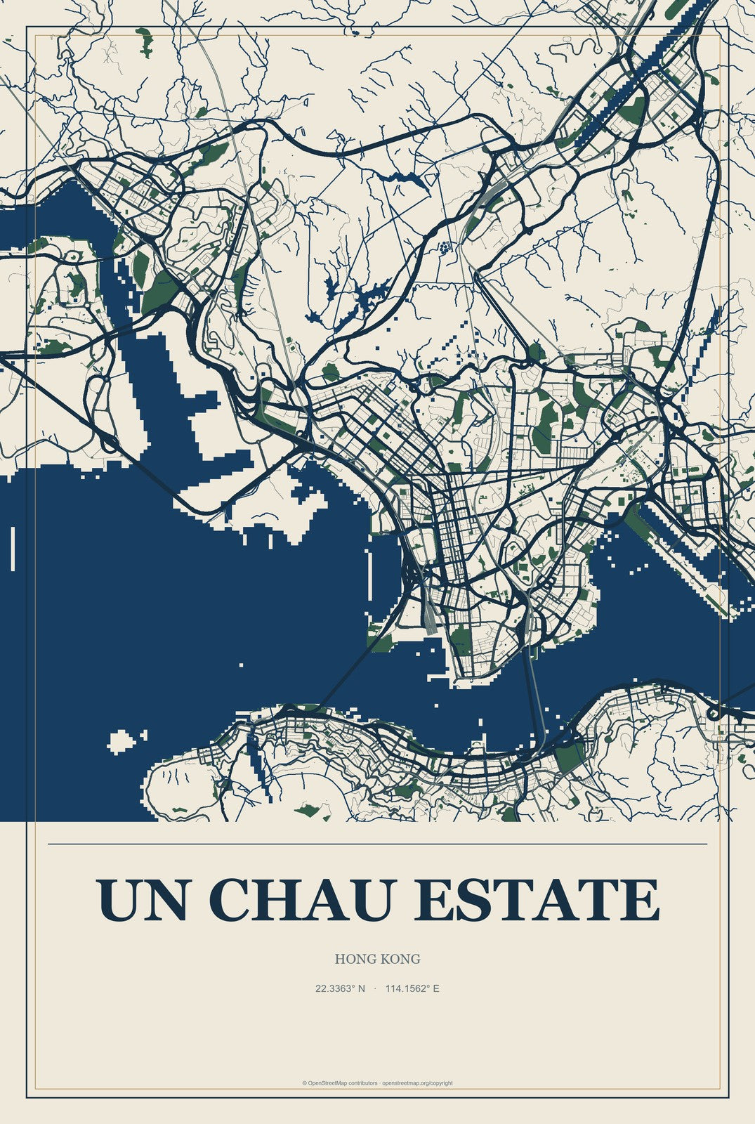 Un Chau Estate, Hong Kong City Map Aluminum Sign in Coastal Cutout style