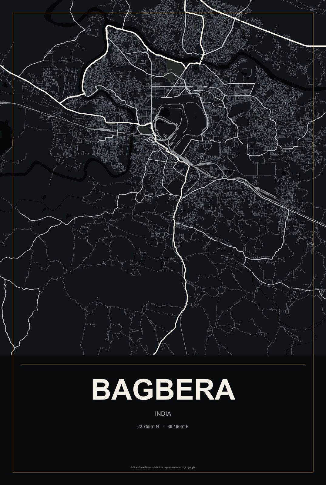 Bagbera, India City Map Aluminum Sign in Metropolitan Noir style
