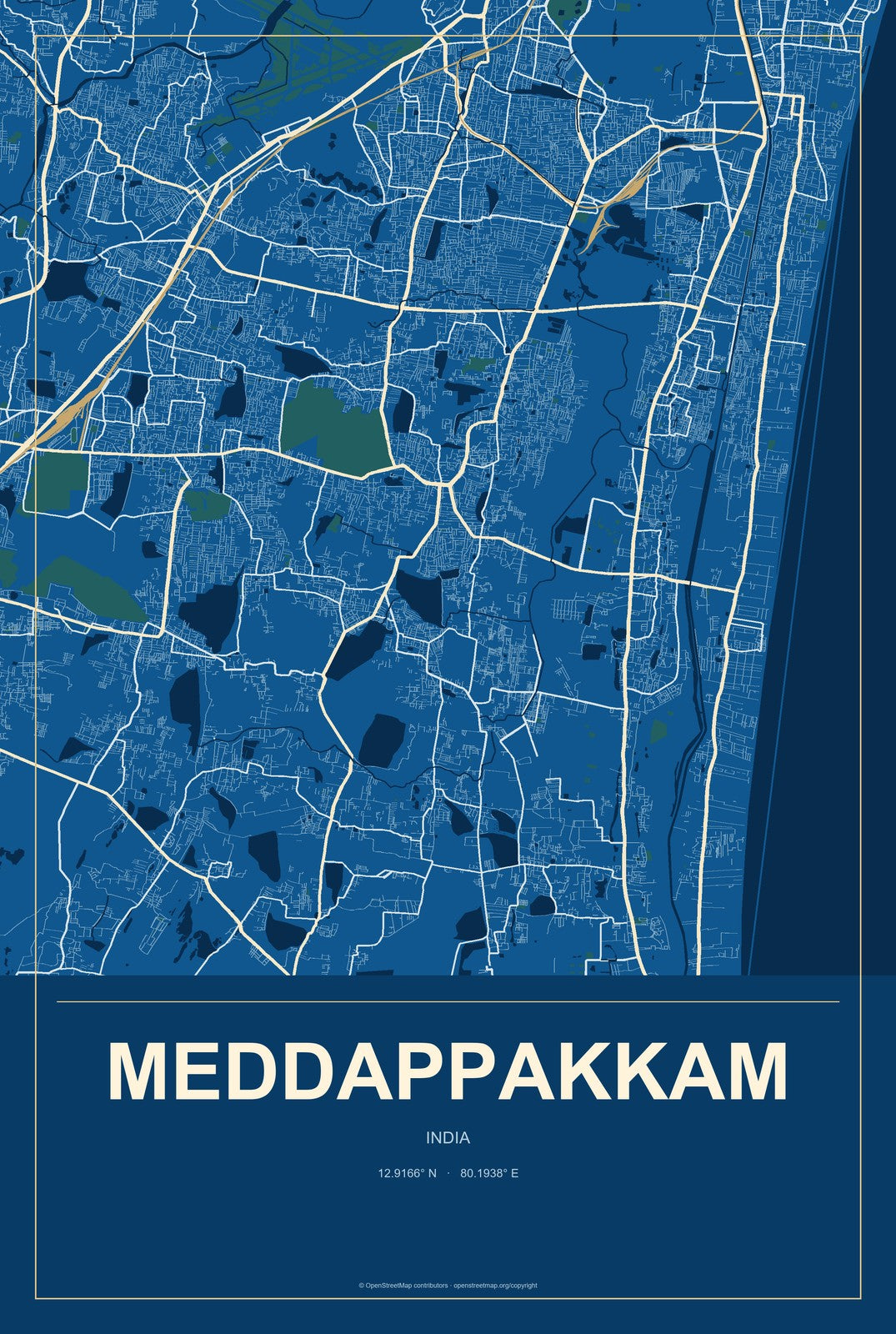 Meddappakkam, India City Map Aluminum Sign in Harbor Cobalt style