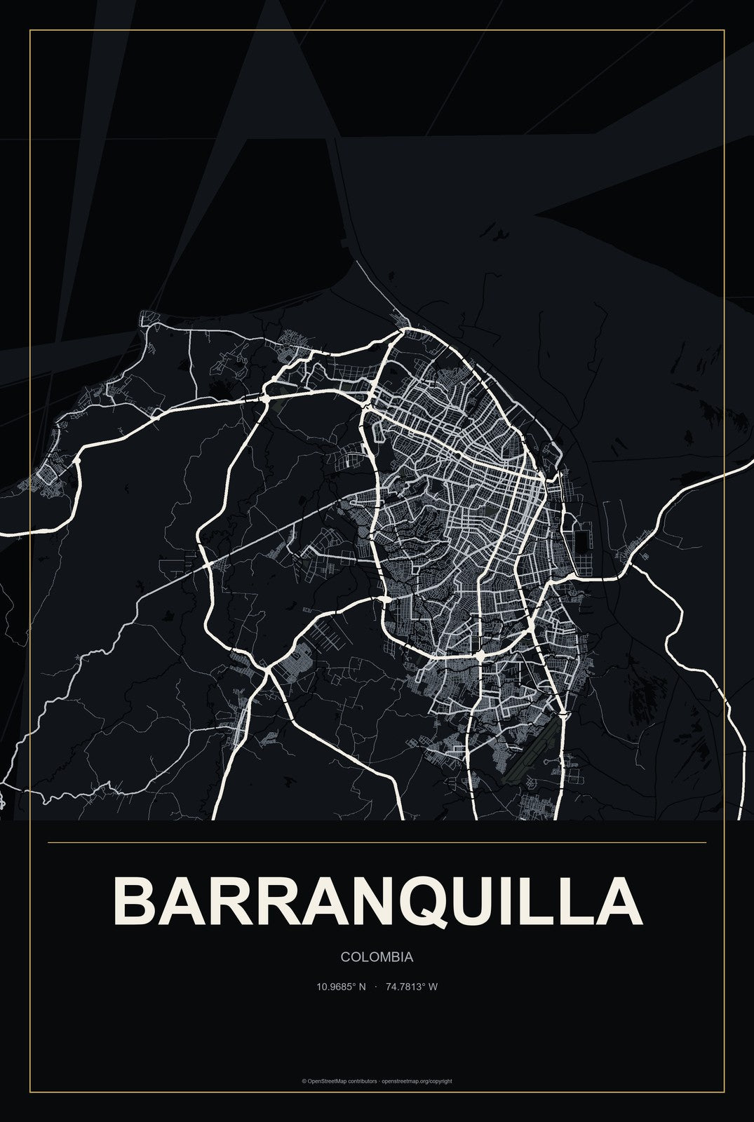 Barranquilla, Colombia City Map Aluminum Sign in Metropolitan Noir style