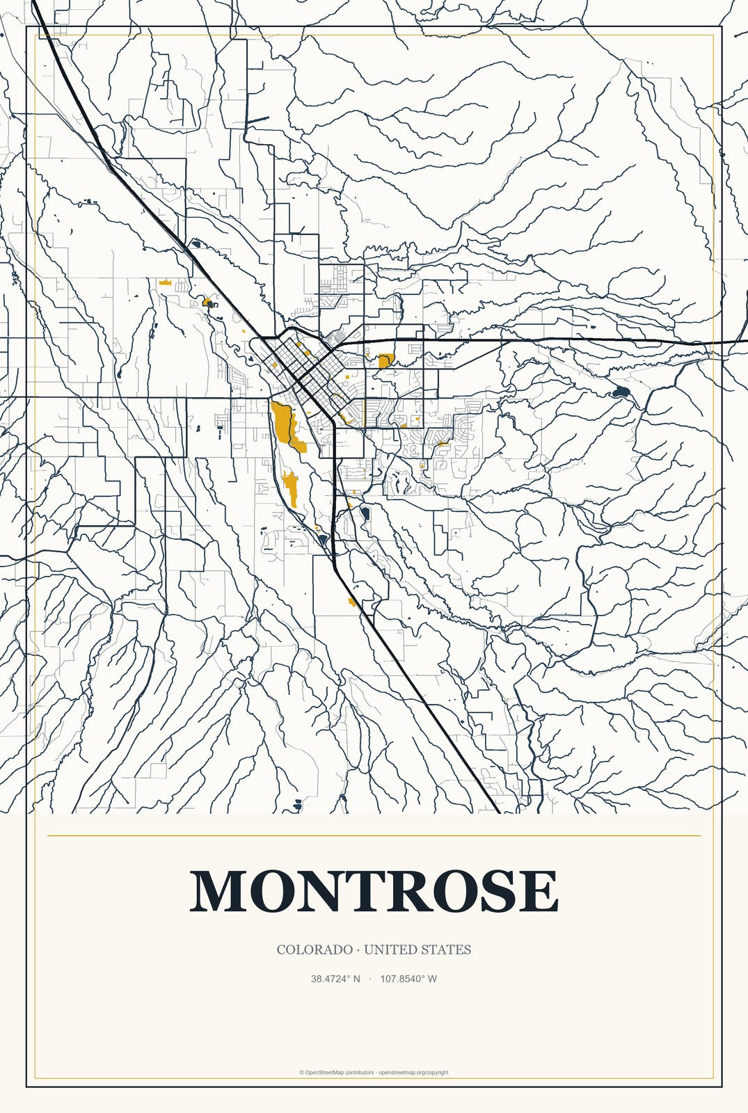 Montrose, Colorado City Map Aluminum Sign in Citrine Modern style