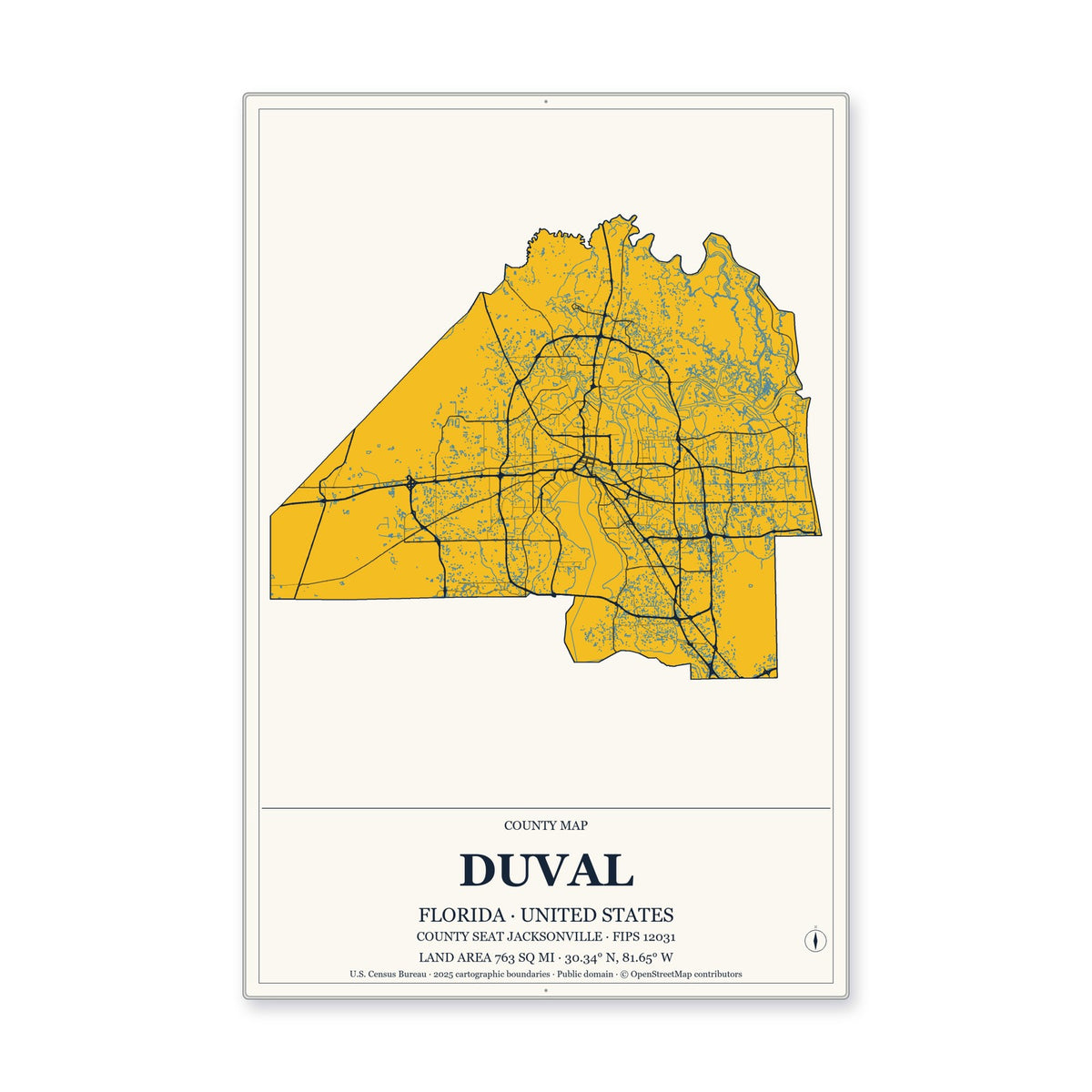 Duval County, Florida Map Aluminum Sign in Citrine Modern style