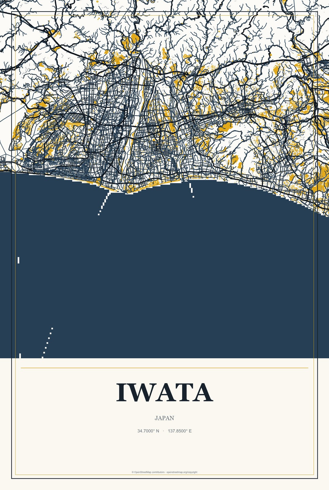 Iwata, Japan City Map Aluminum Sign in Citrine Modern style