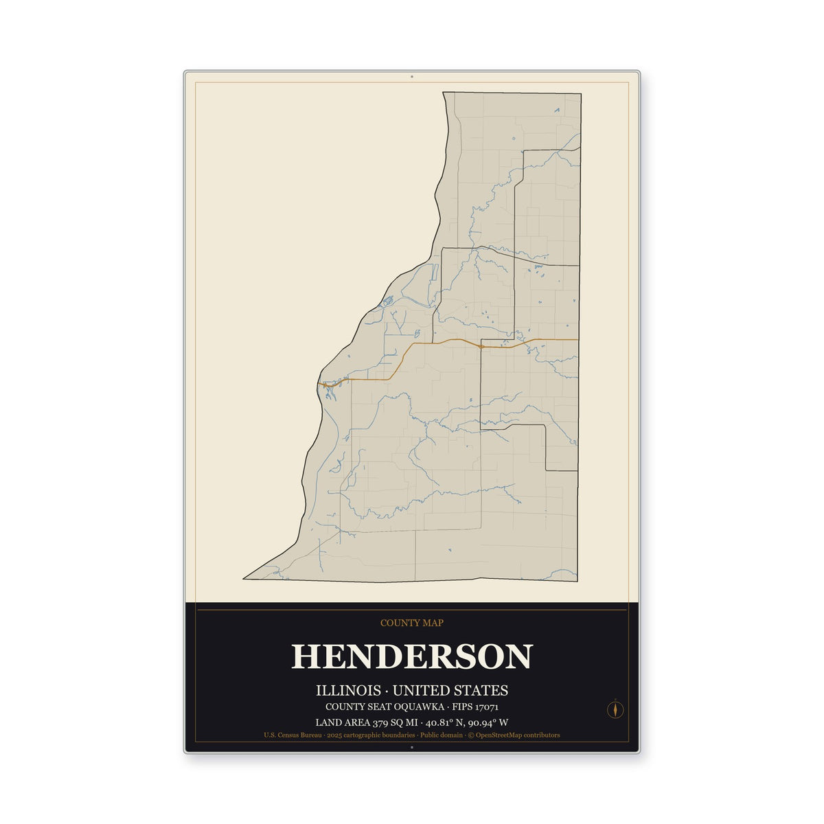 Henderson County, Illinois Map Aluminum Sign in Museum Plaque style