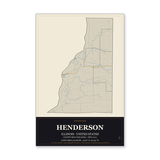 Henderson County, Illinois Map Aluminum Sign in Museum Plaque style