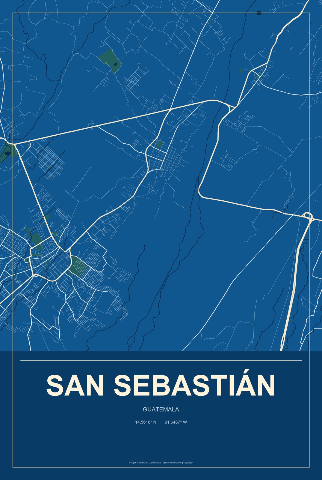 San Sebastián, Guatemala City Map Aluminum Sign in Harbor Cobalt style