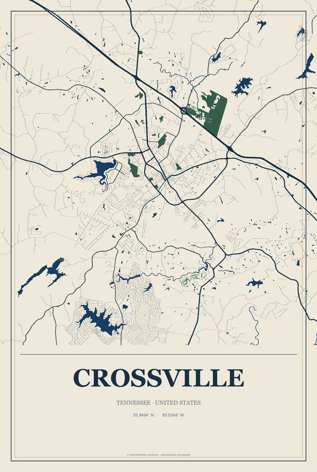 Crossville, Tennessee City Map Aluminum Sign in Coastal Cutout style
