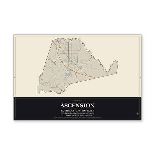 Ascension Parish, Louisiana Map Aluminum Sign in Museum Plaque style