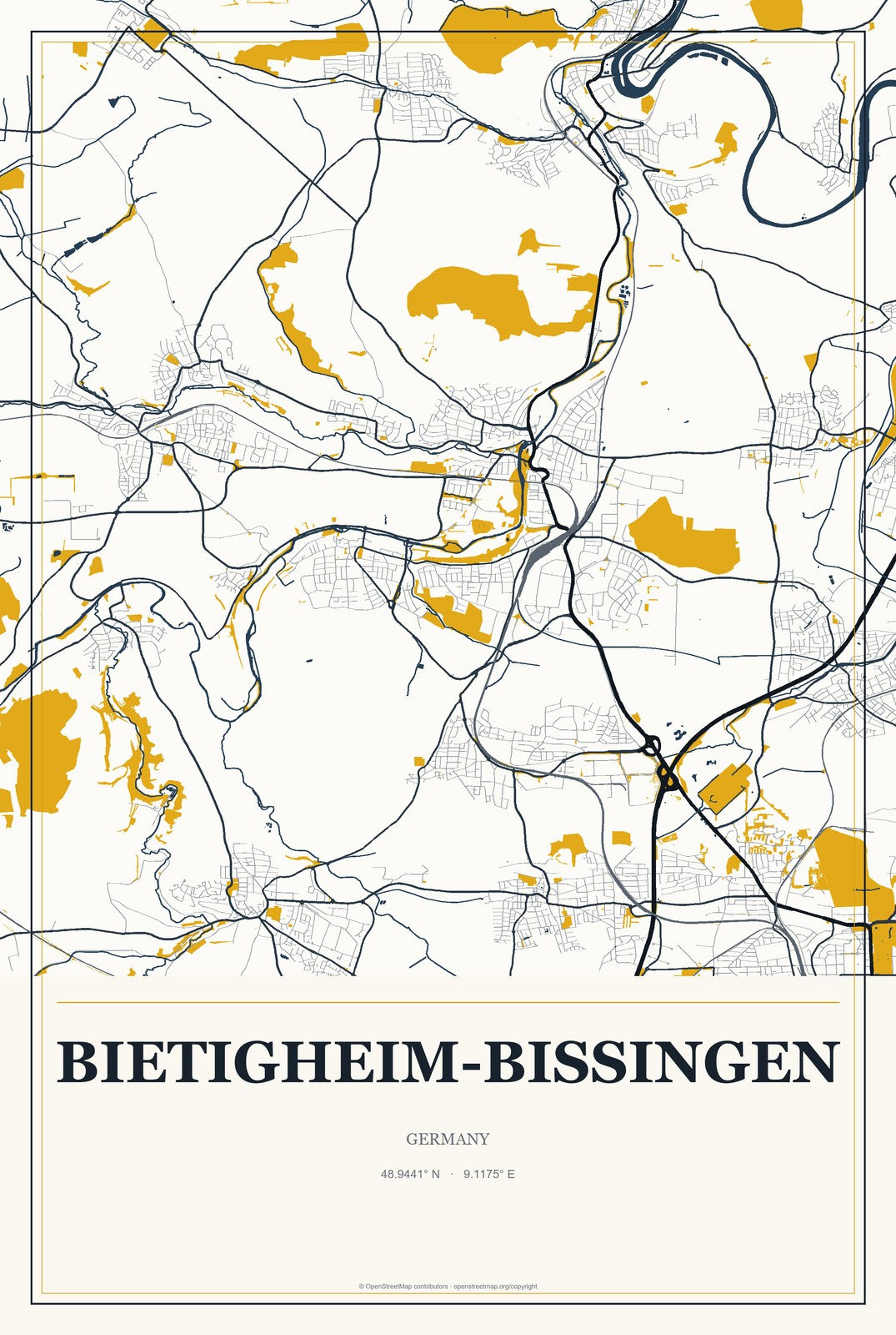 Bietigheim-Bissingen, Germany City Map Aluminum Sign in Citrine Modern style