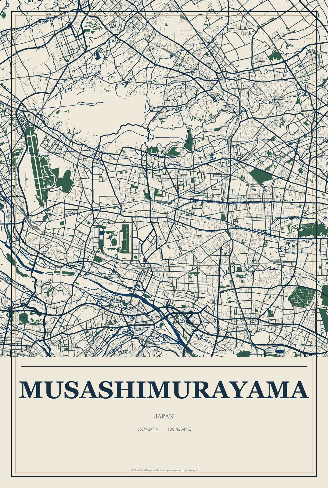 Musashimurayama, Japan City Map Aluminum Sign in Coastal Cutout style
