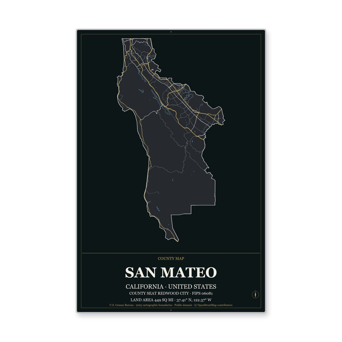San Mateo County, California Map Aluminum Sign in Metropolitan Noir style
