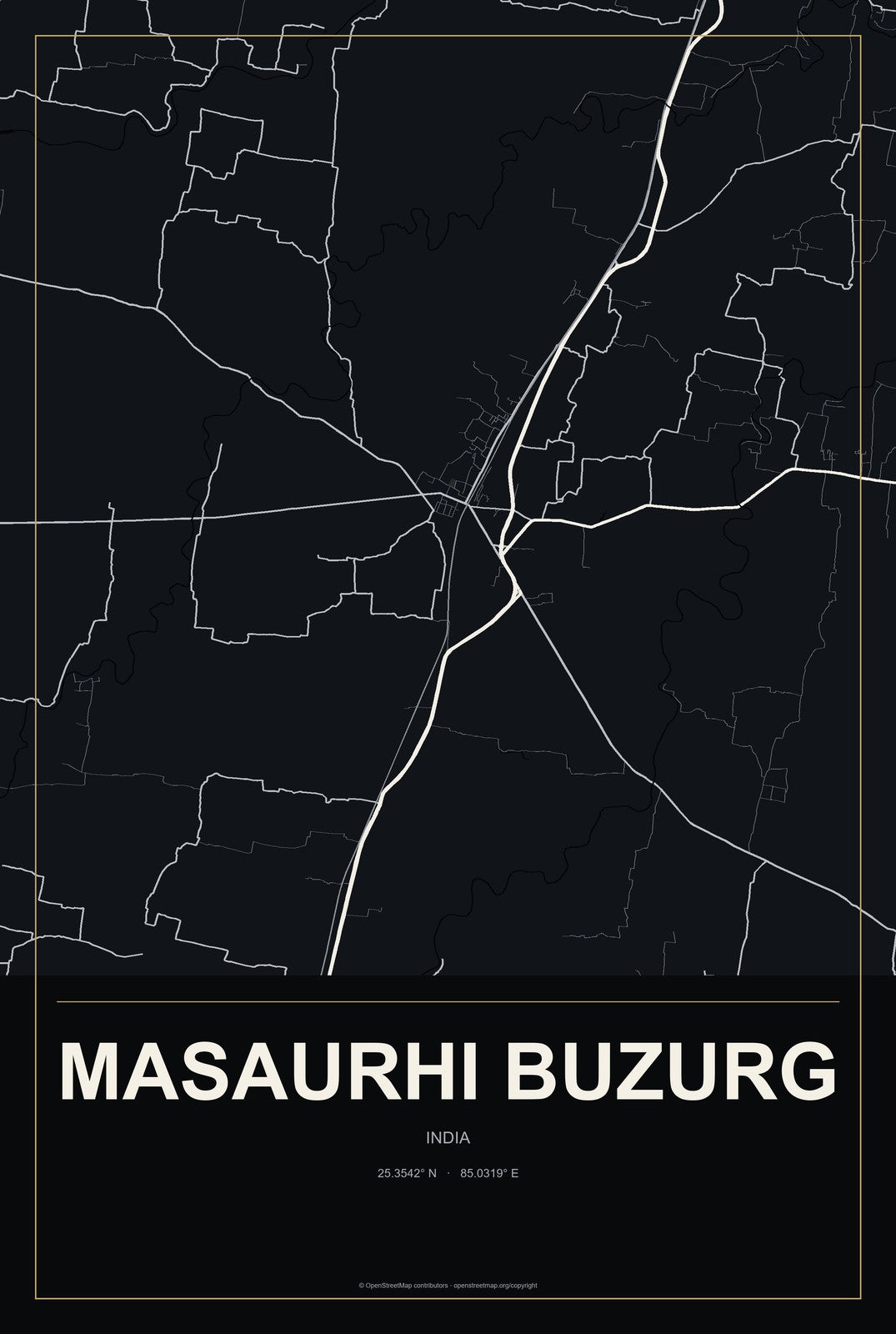 Masaurhi Buzurg, India City Map Aluminum Sign in Metropolitan Noir style