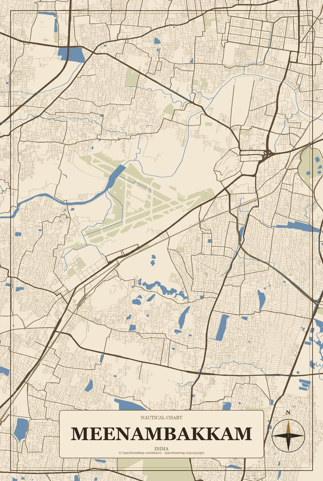 Meenambakkam, India City Map Aluminum Sign in Heritage Nautical style