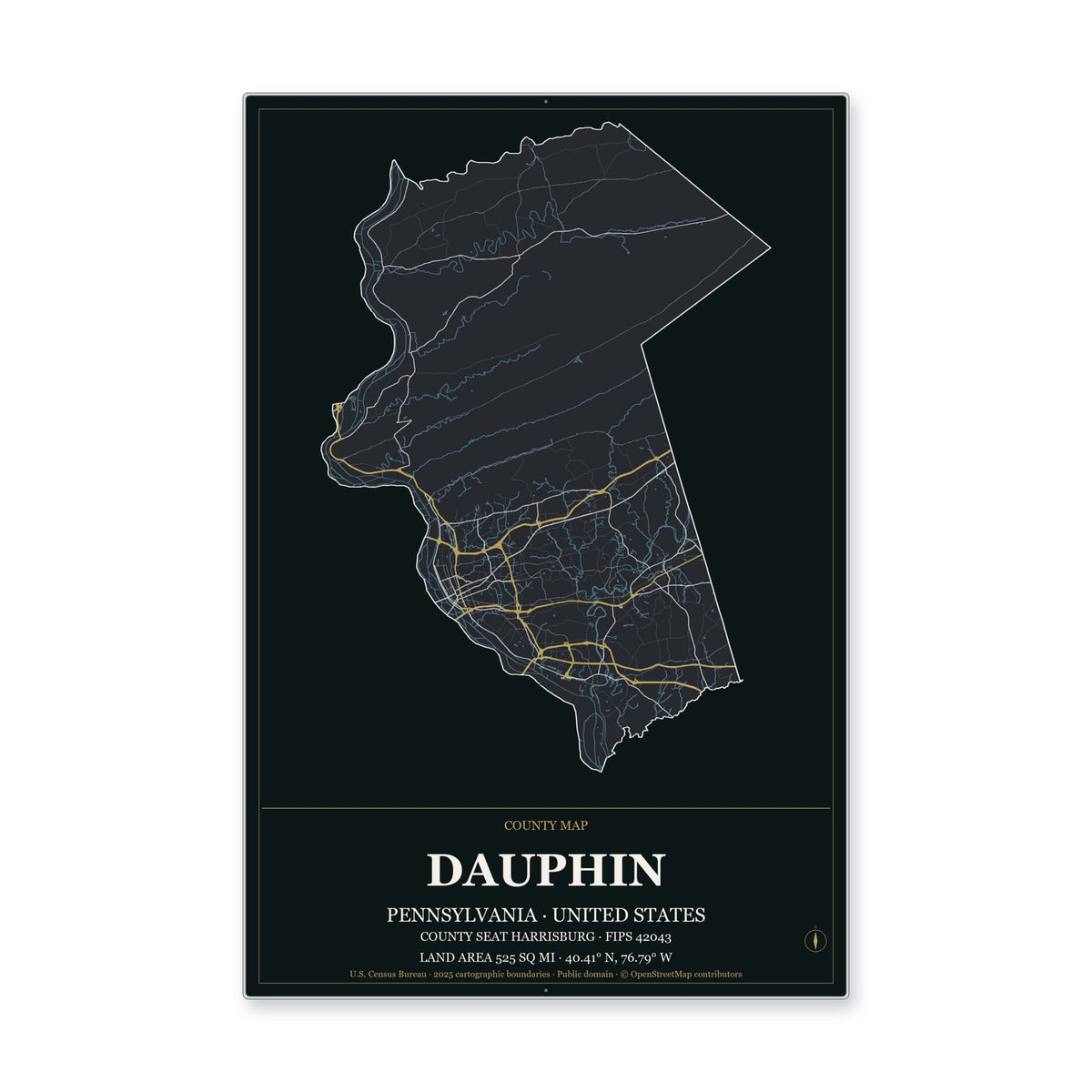 Dauphin County, Pennsylvania Map Aluminum Sign in Metropolitan Noir style