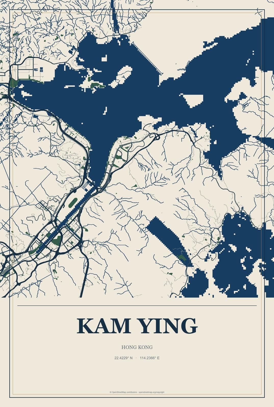 Kam Ying, Hong Kong City Map Aluminum Sign in Coastal Cutout style