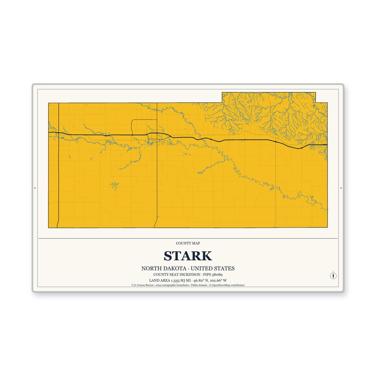 Stark County, North Dakota Map Aluminum Sign in Citrine Modern style