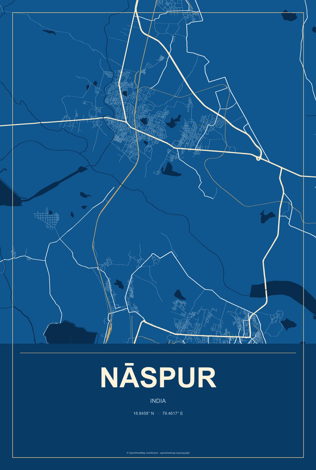 Nāspur, India City Map Aluminum Sign in Harbor Cobalt style
