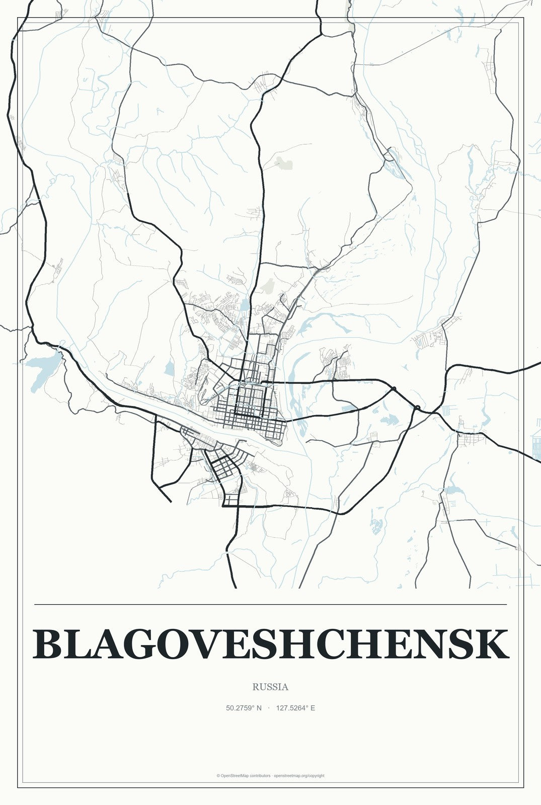 Blagoveshchensk, Bashkortostan Republic, Russia City Map Aluminum Sign in Gallery Air style