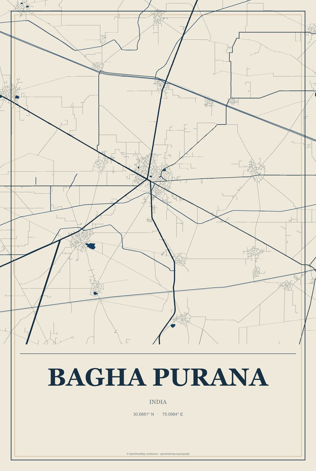 Bagha Purana, India City Map Aluminum Sign in Coastal Cutout style