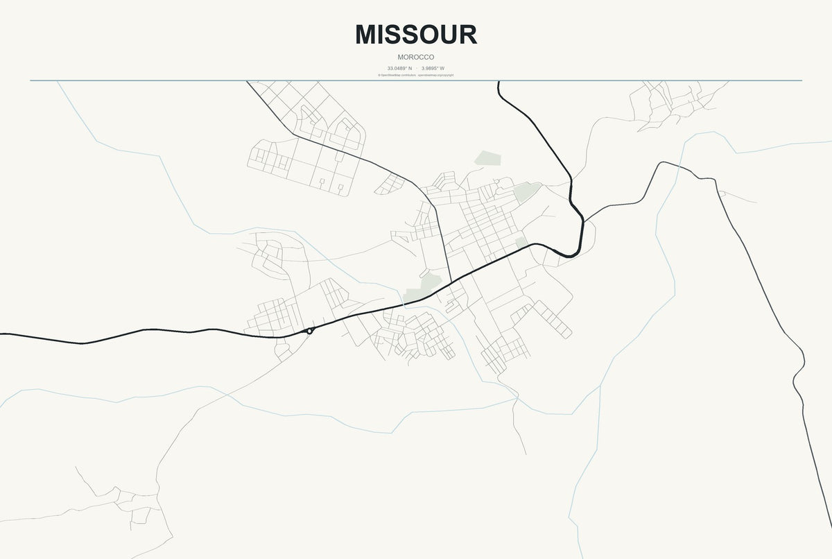 Missour, Morocco City Map Aluminum Sign in Headline Atlas style