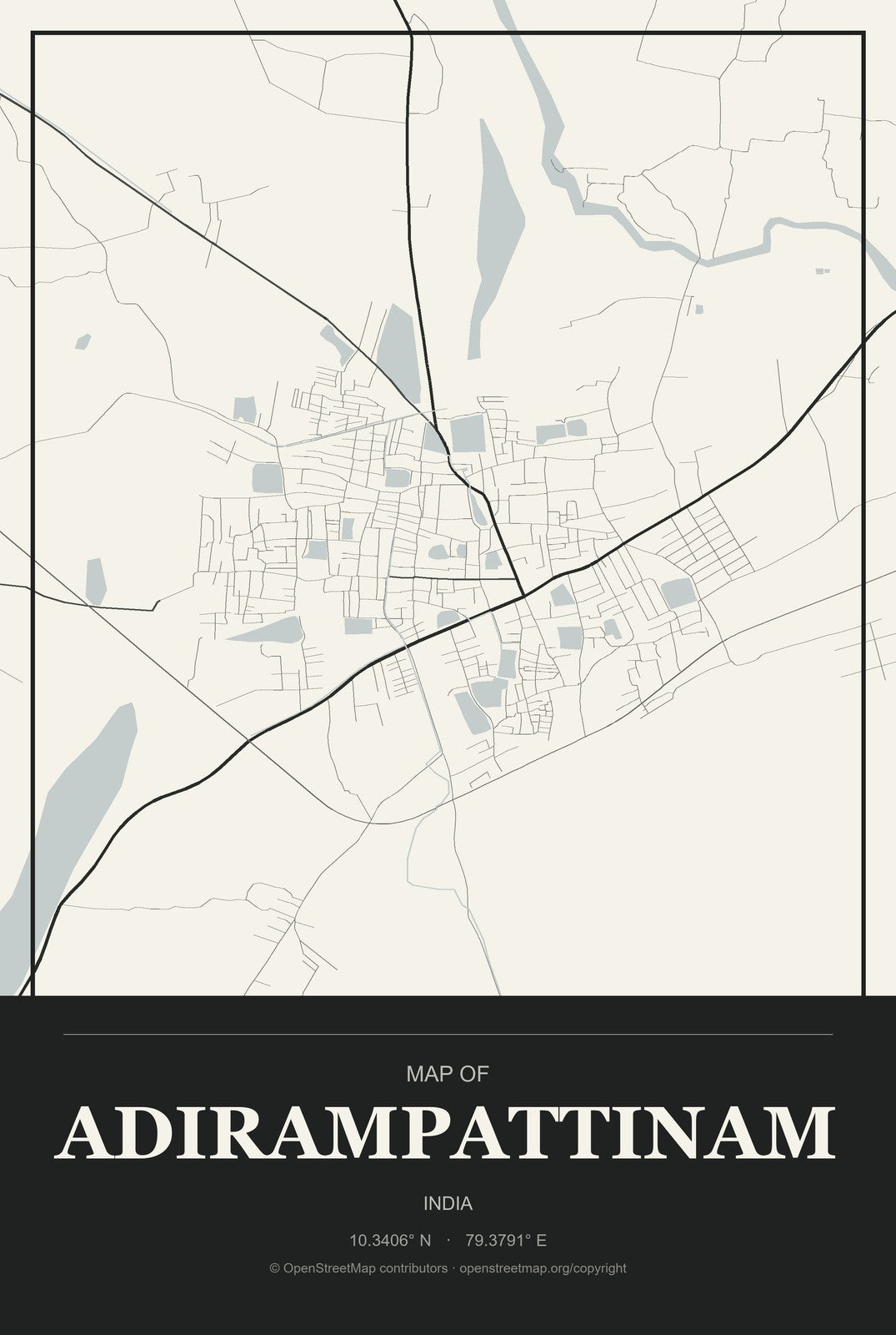 Adirampattinam, India City Map Aluminum Sign in Museum Plaque style