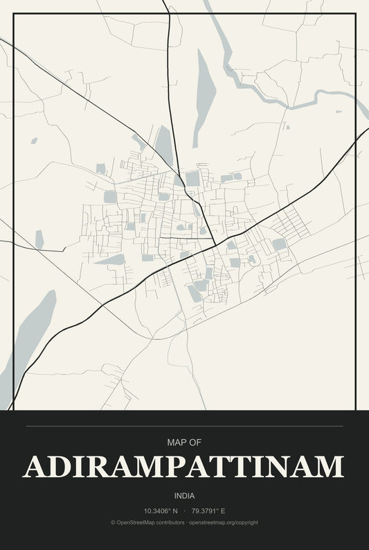 Adirampattinam, India City Map Aluminum Sign in Museum Plaque style