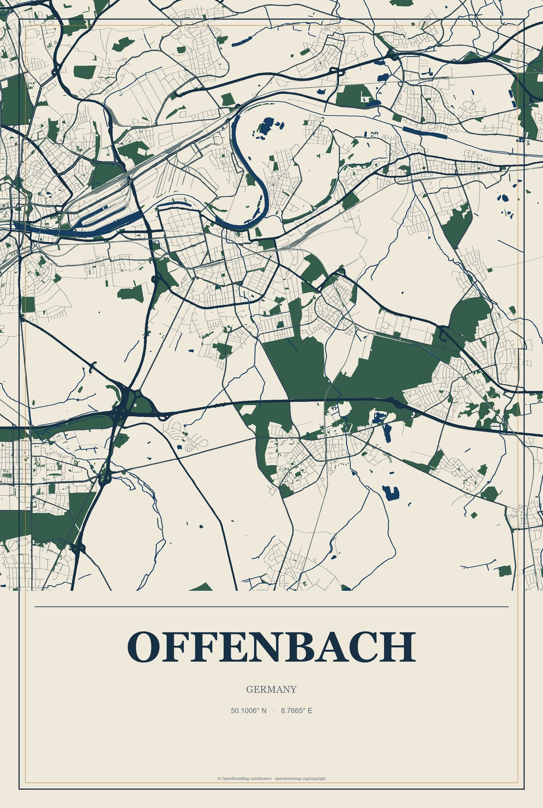 Offenbach, Germany City Map Aluminum Sign in Coastal Cutout style