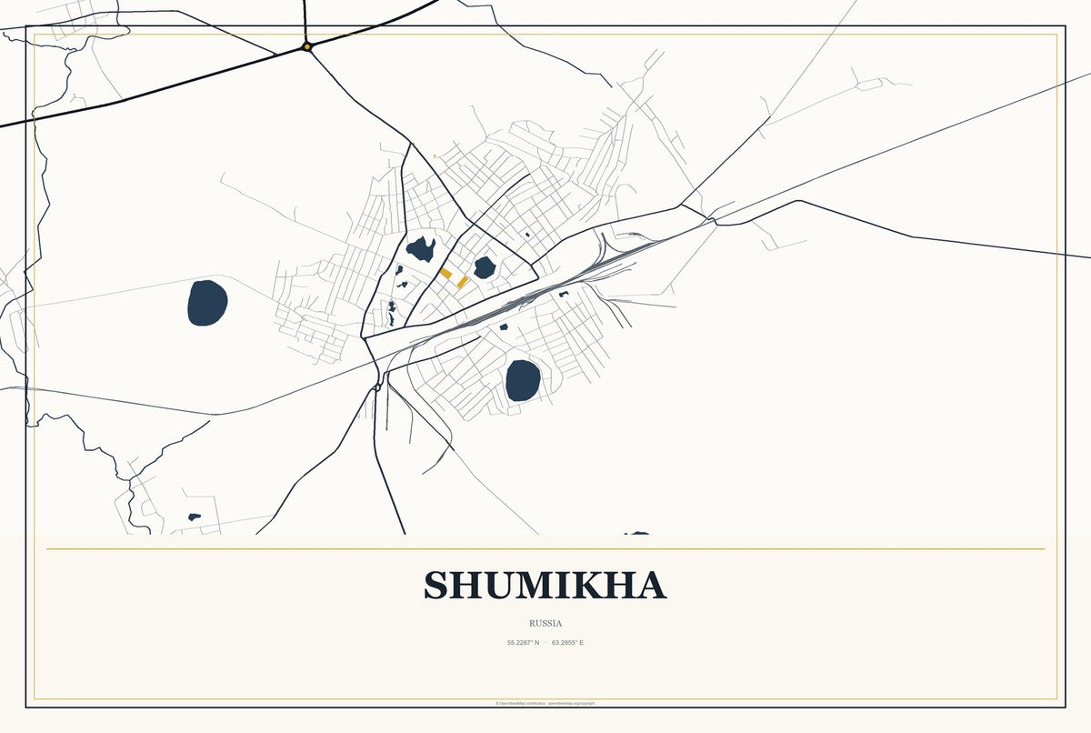 Shumikha, Russia City Map Aluminum Sign in Citrine Modern style