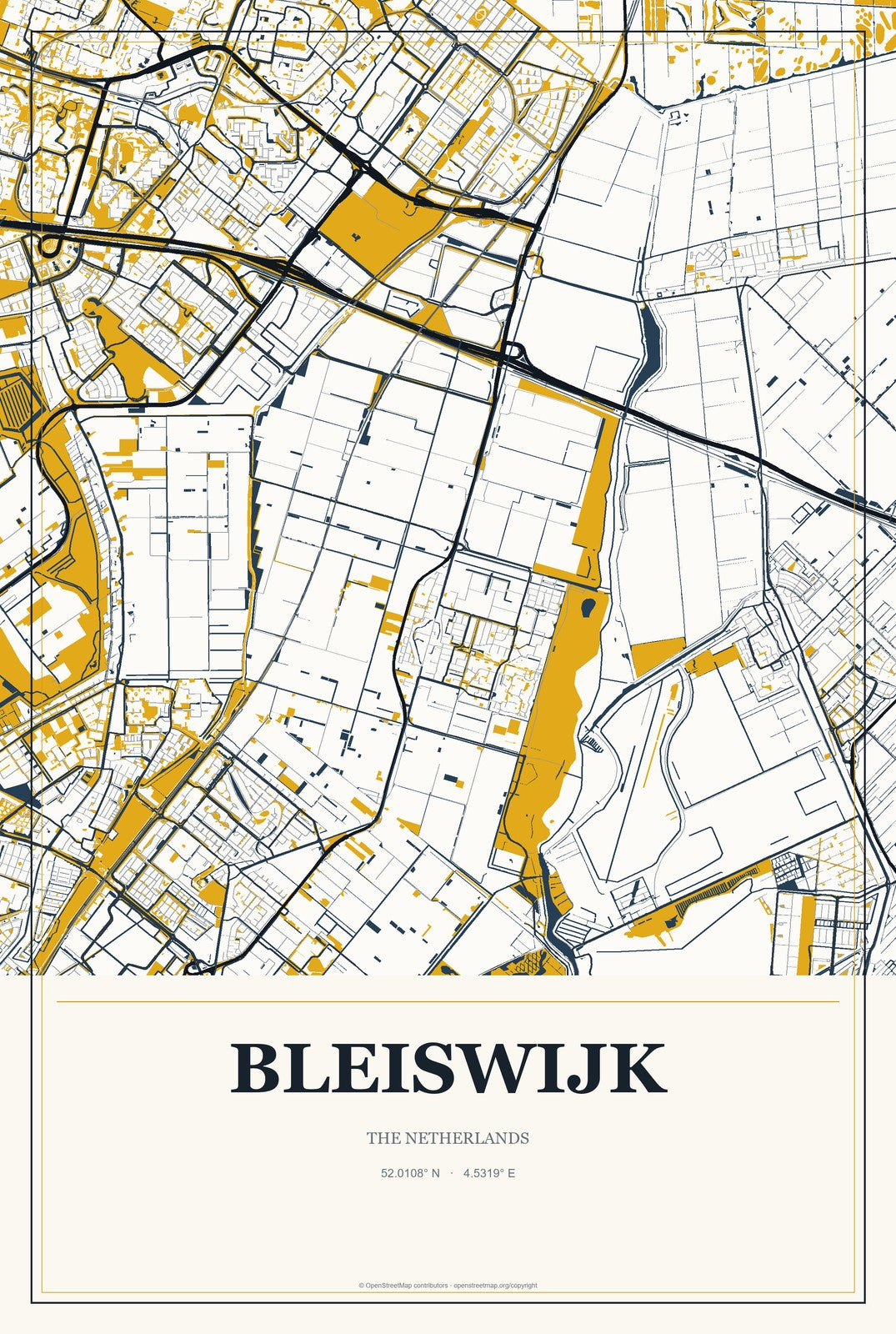 Bleiswijk, The Netherlands City Map Aluminum Sign in Citrine Modern style