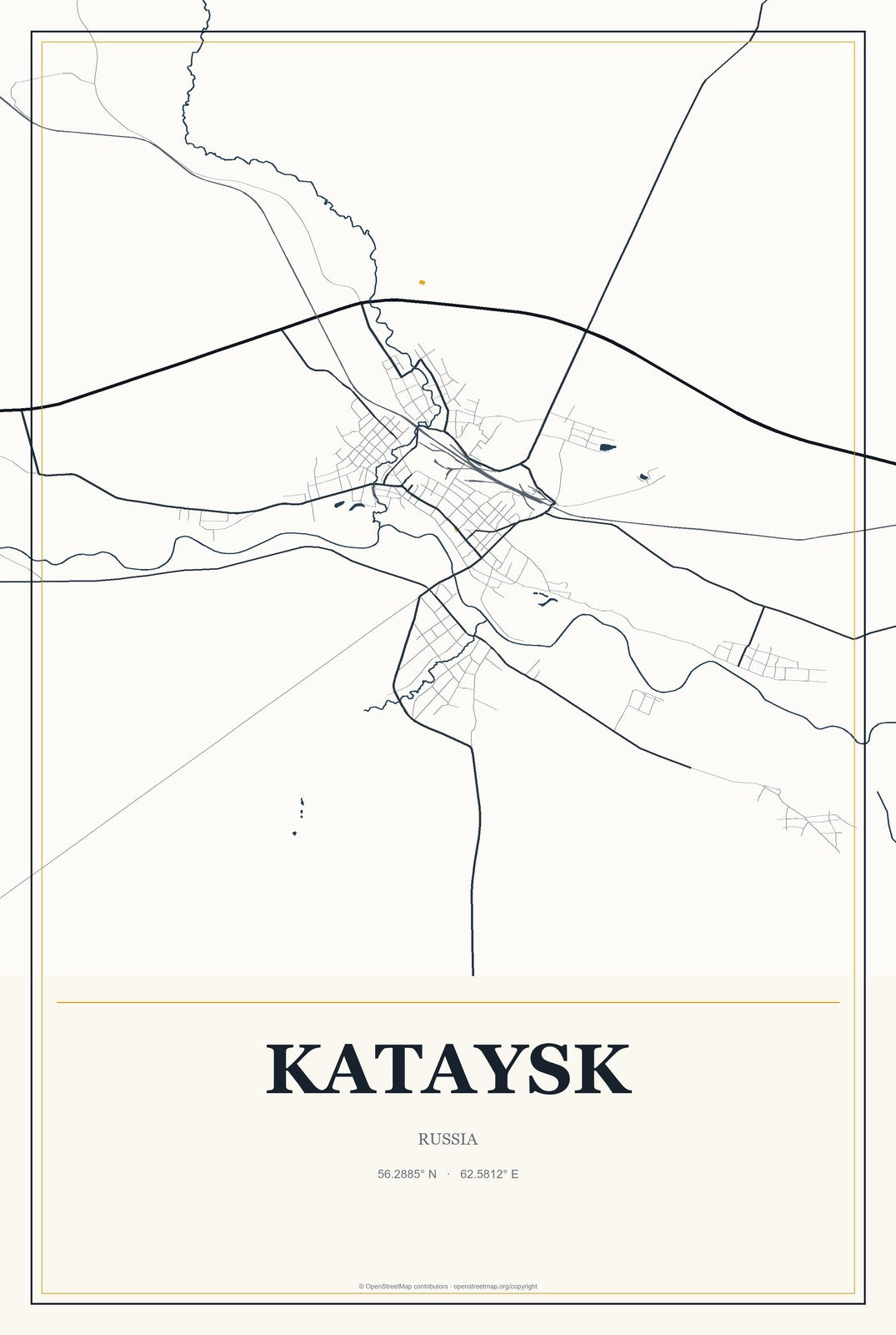 Kataysk, Russia City Map Aluminum Sign in Citrine Modern style