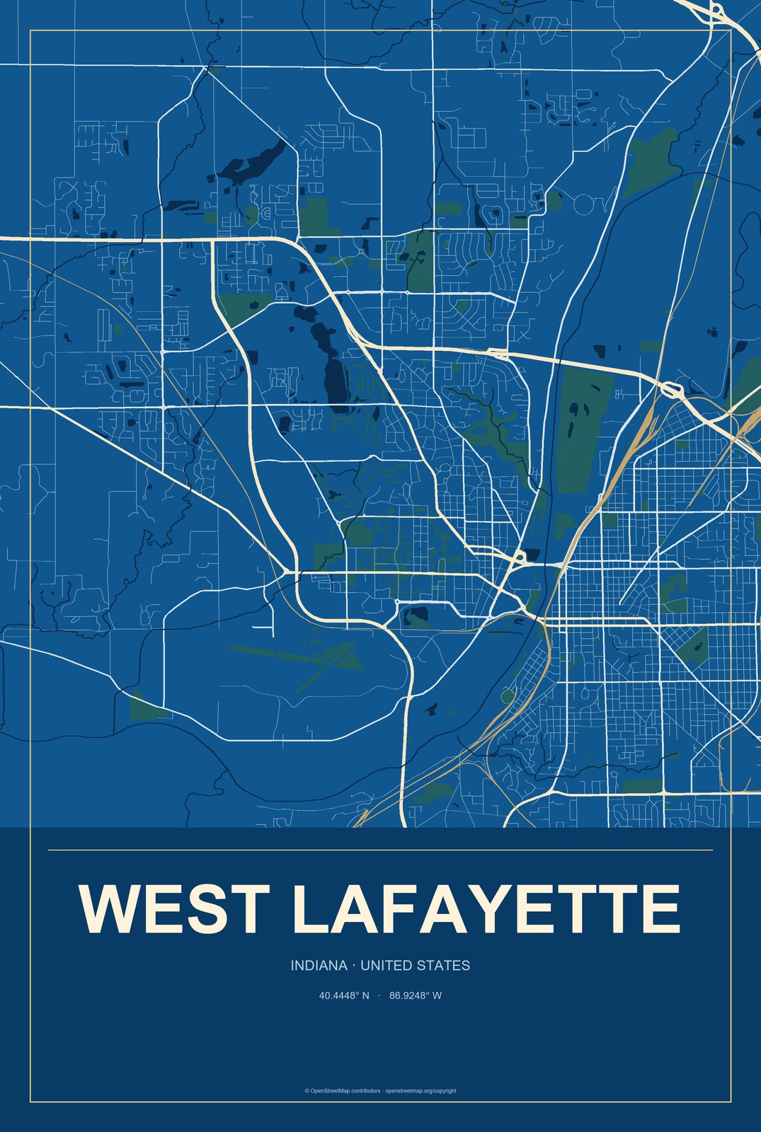 West Lafayette, Indiana City Map Aluminum Sign in Harbor Cobalt style