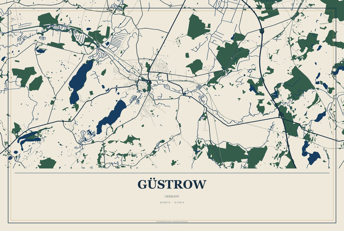 Güstrow, Germany City Map Aluminum Sign in Coastal Cutout style