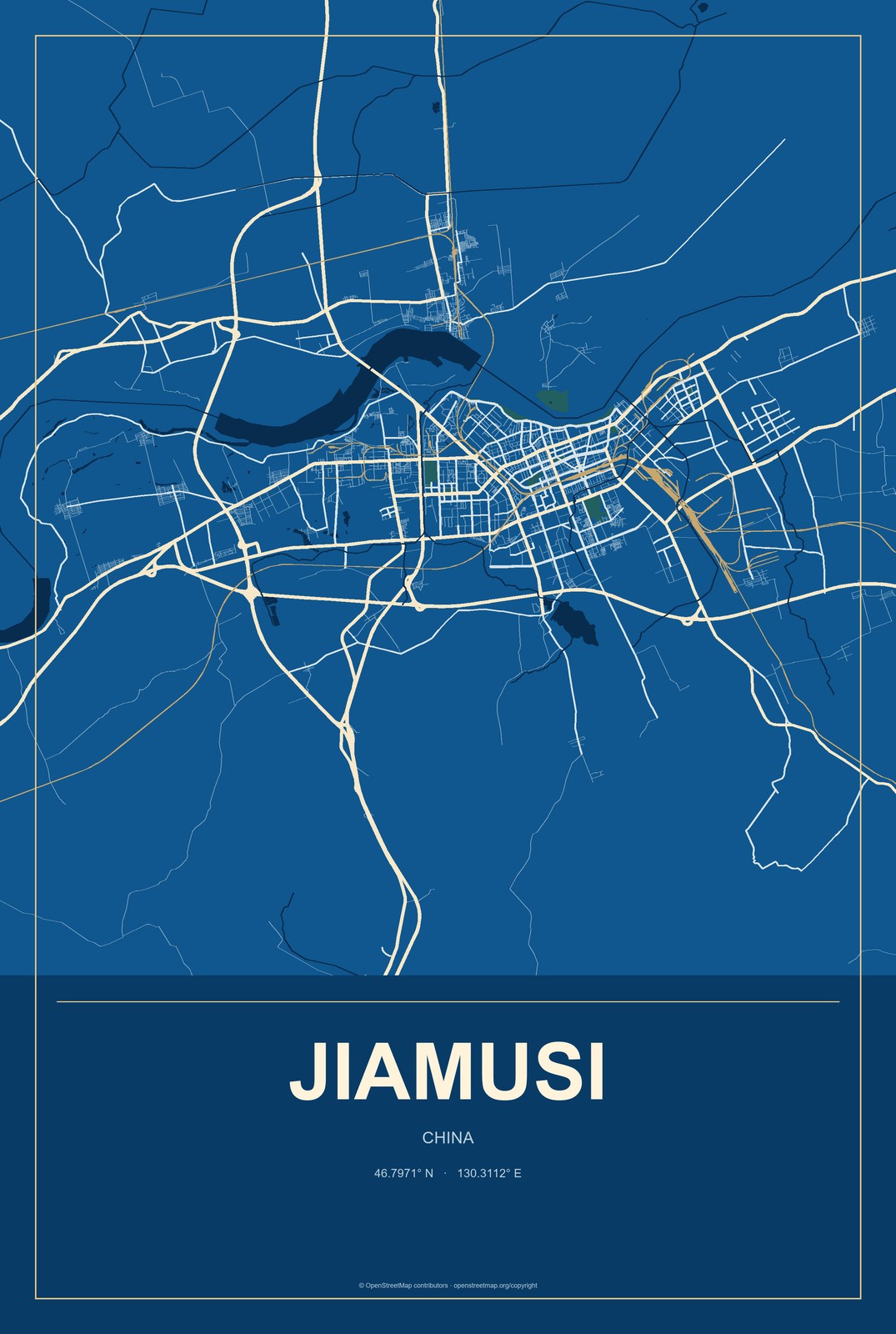Jiamusi, China City Map Aluminum Sign in Harbor Cobalt style