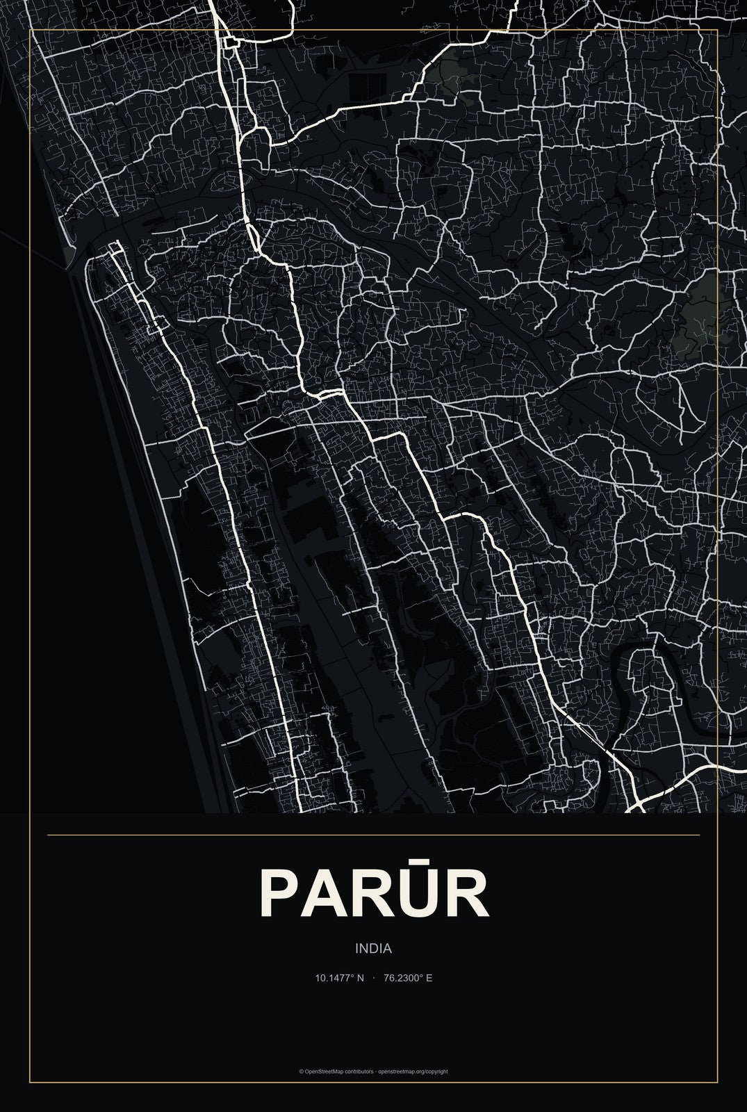 Parūr, India City Map Aluminum Sign in Metropolitan Noir style