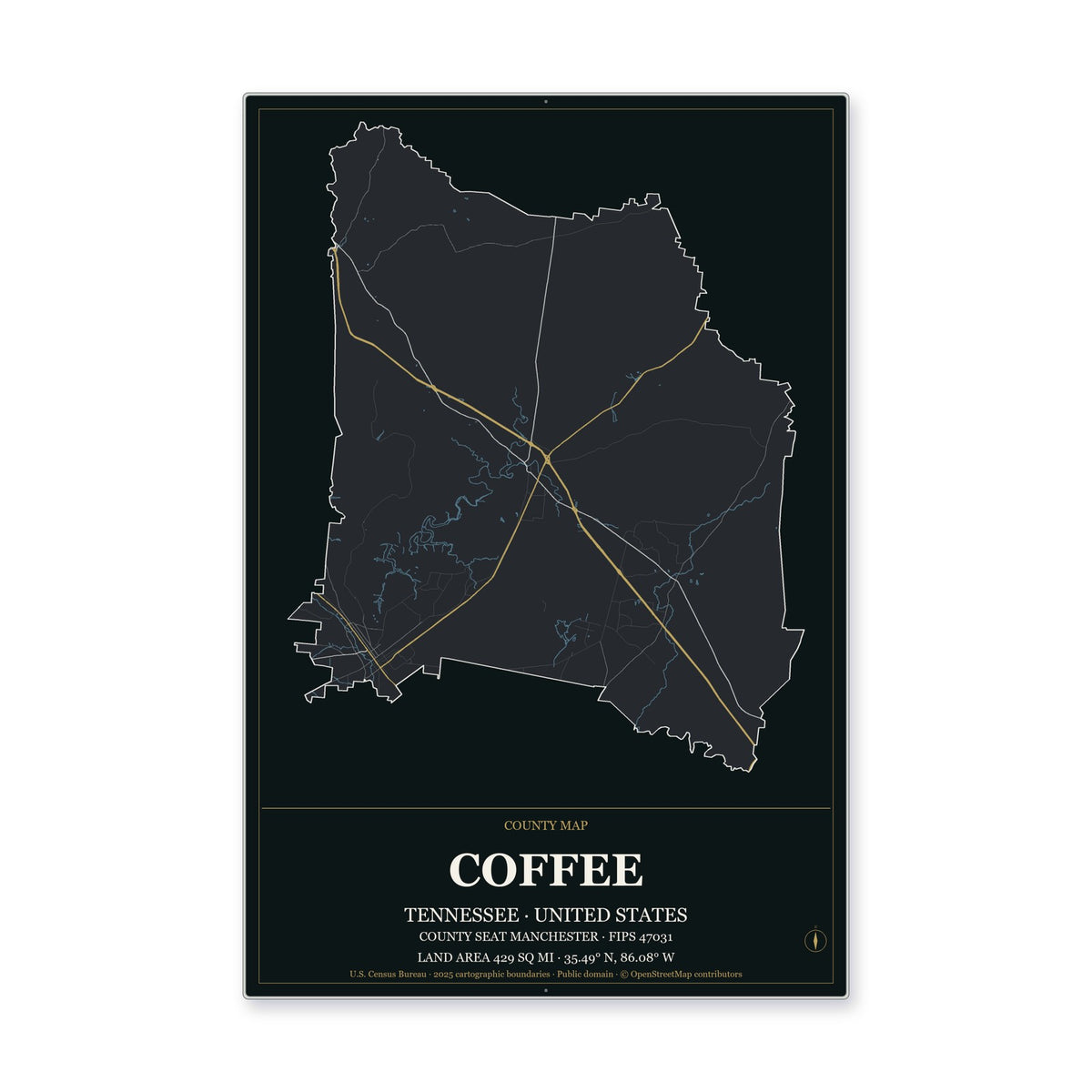 Coffee County, Tennessee Map Aluminum Sign in Metropolitan Noir style