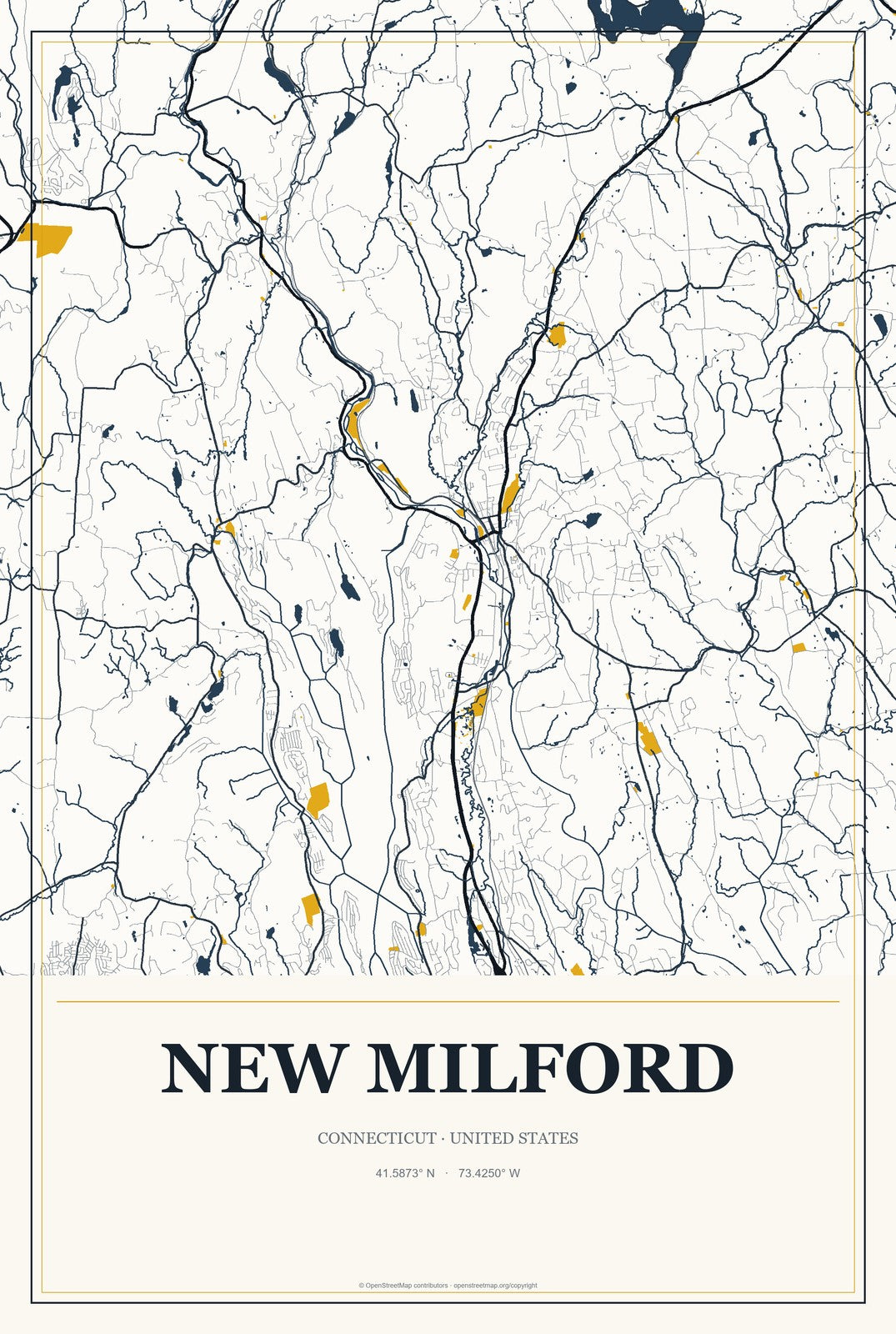 New Milford, Connecticut City Map Aluminum Sign in Citrine Modern style