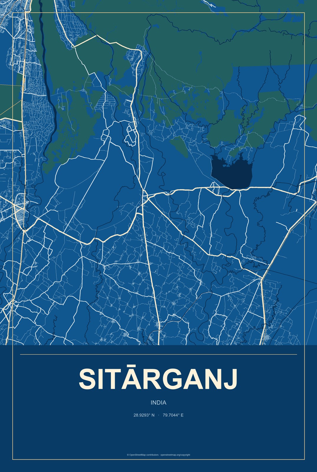 Sitārganj, India City Map Aluminum Sign in Harbor Cobalt style