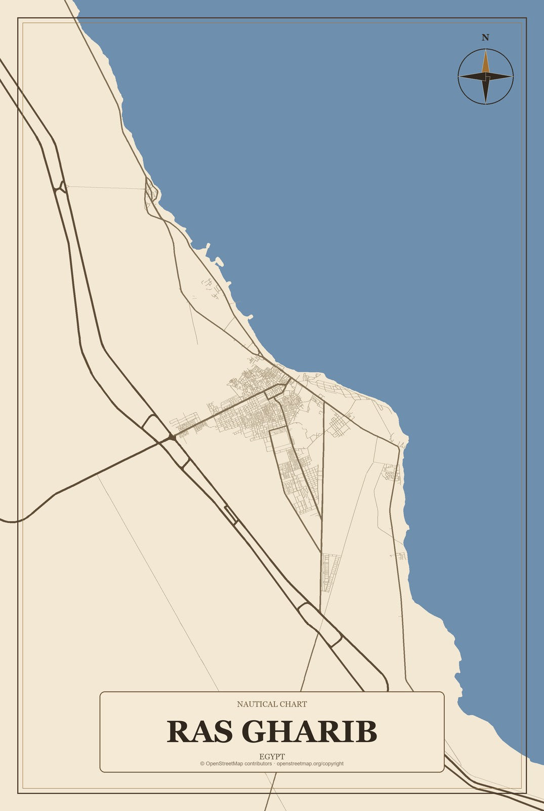 Ras Gharib, Egypt City Map Aluminum Sign in Heritage Nautical style