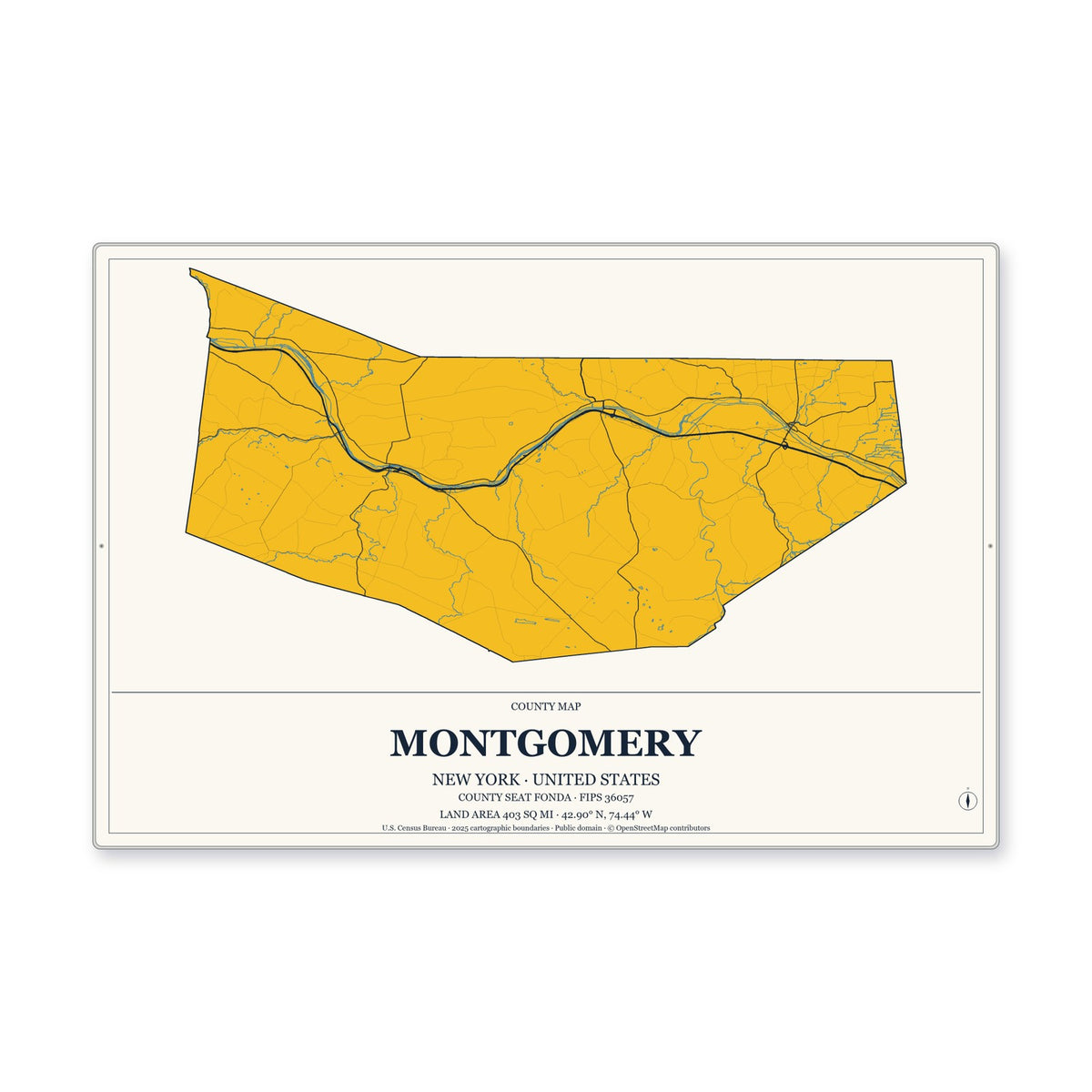 Montgomery County, New York Map Aluminum Sign in Citrine Modern style