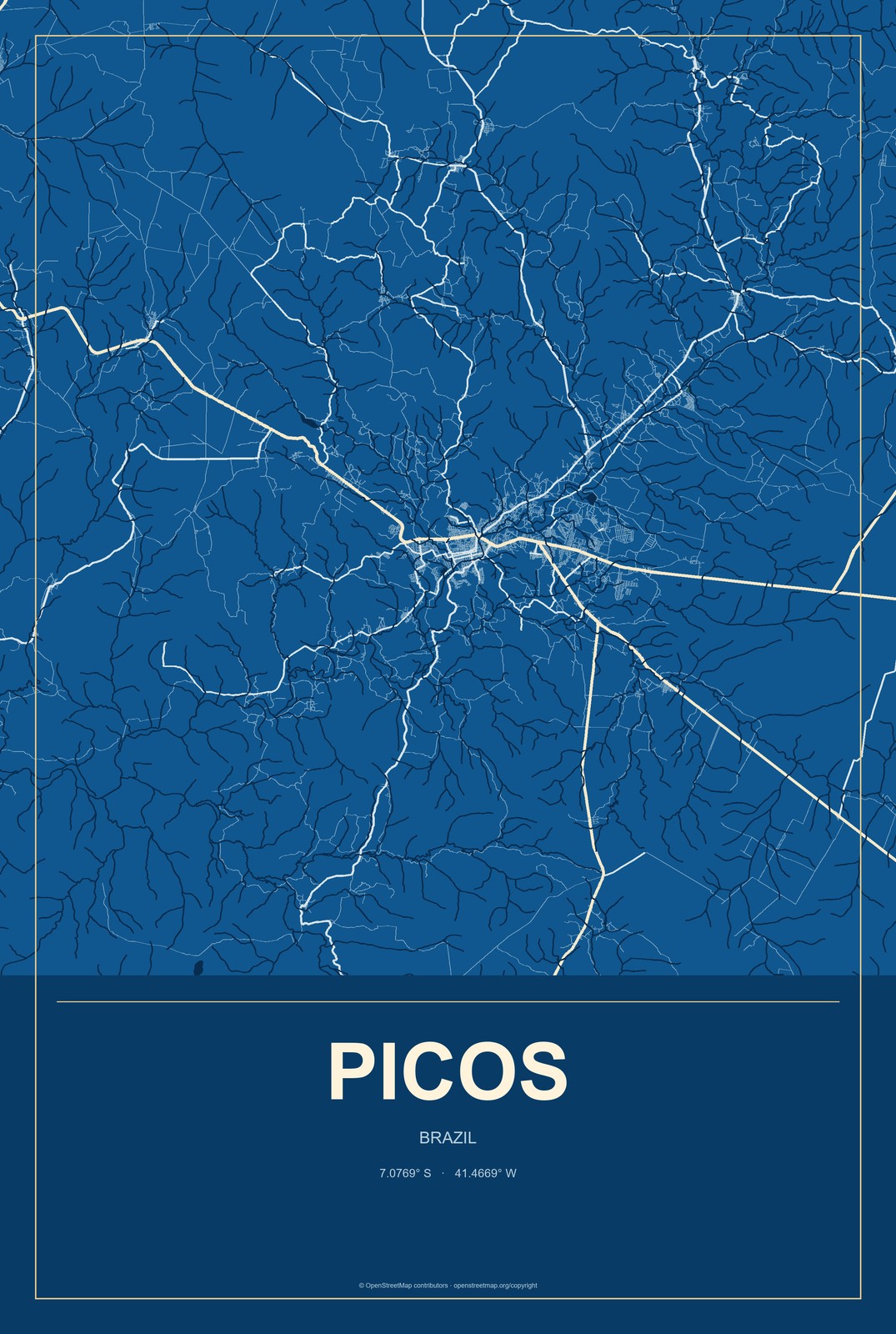 Picos, Brazil City Map Aluminum Sign in Harbor Cobalt style