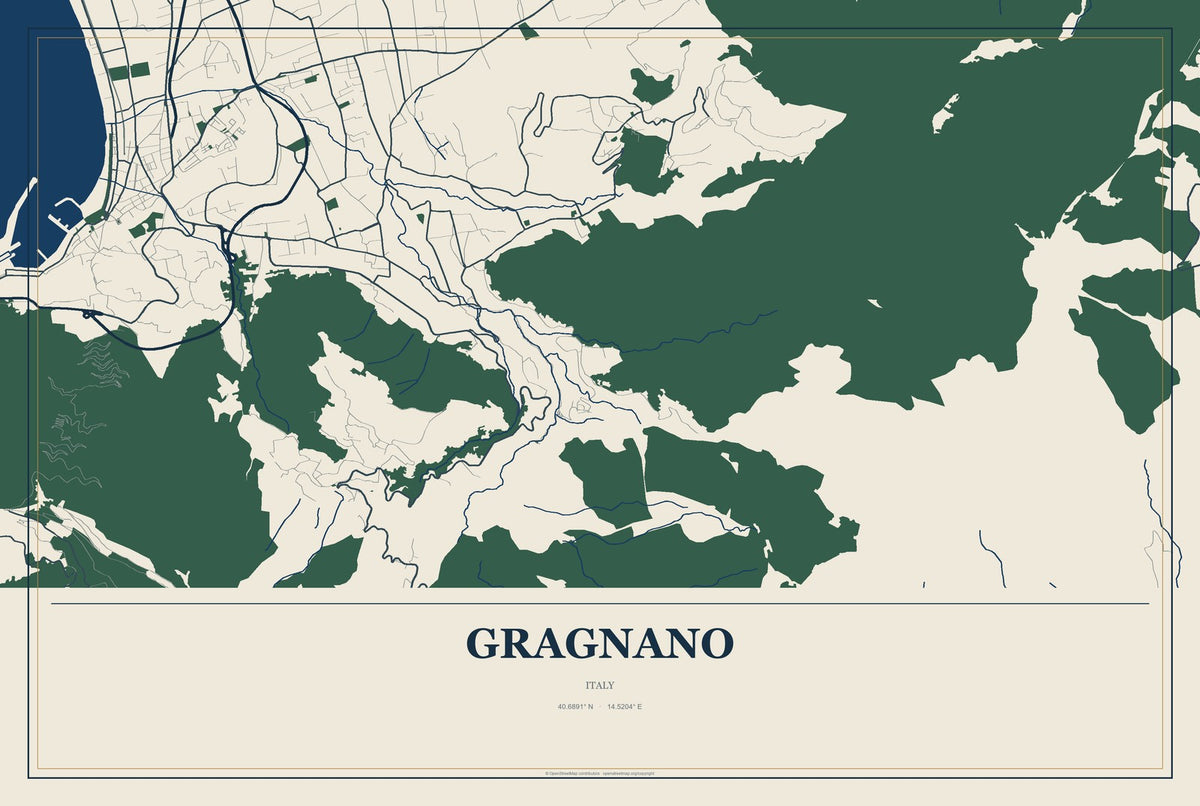 Gragnano, Italy City Map Aluminum Sign in Coastal Cutout style