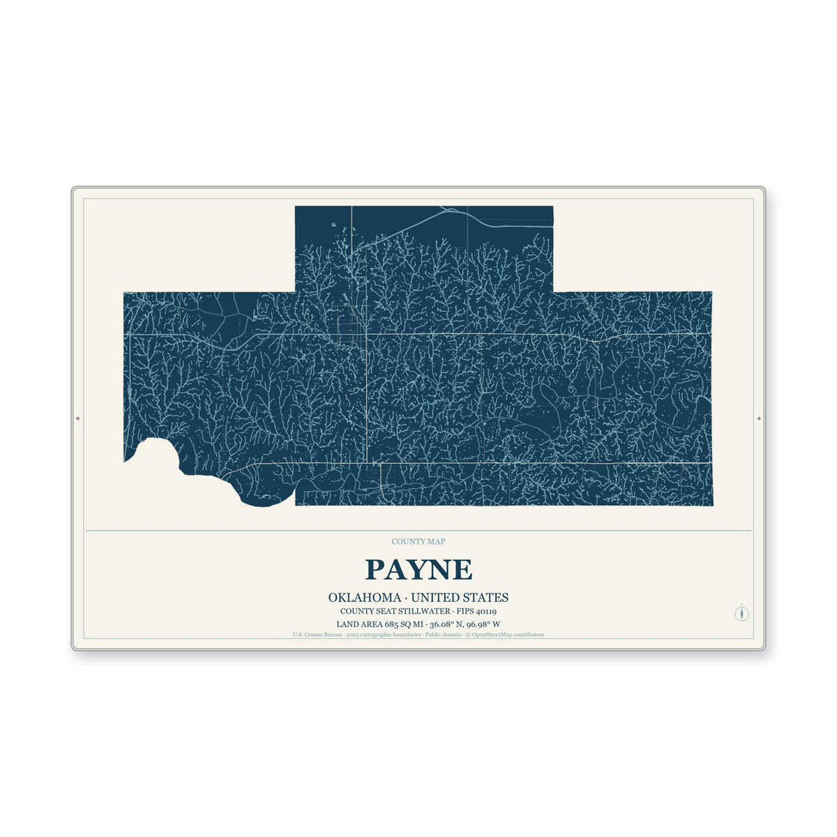 Payne County, Oklahoma Map Aluminum Sign in Coastal Cutout style