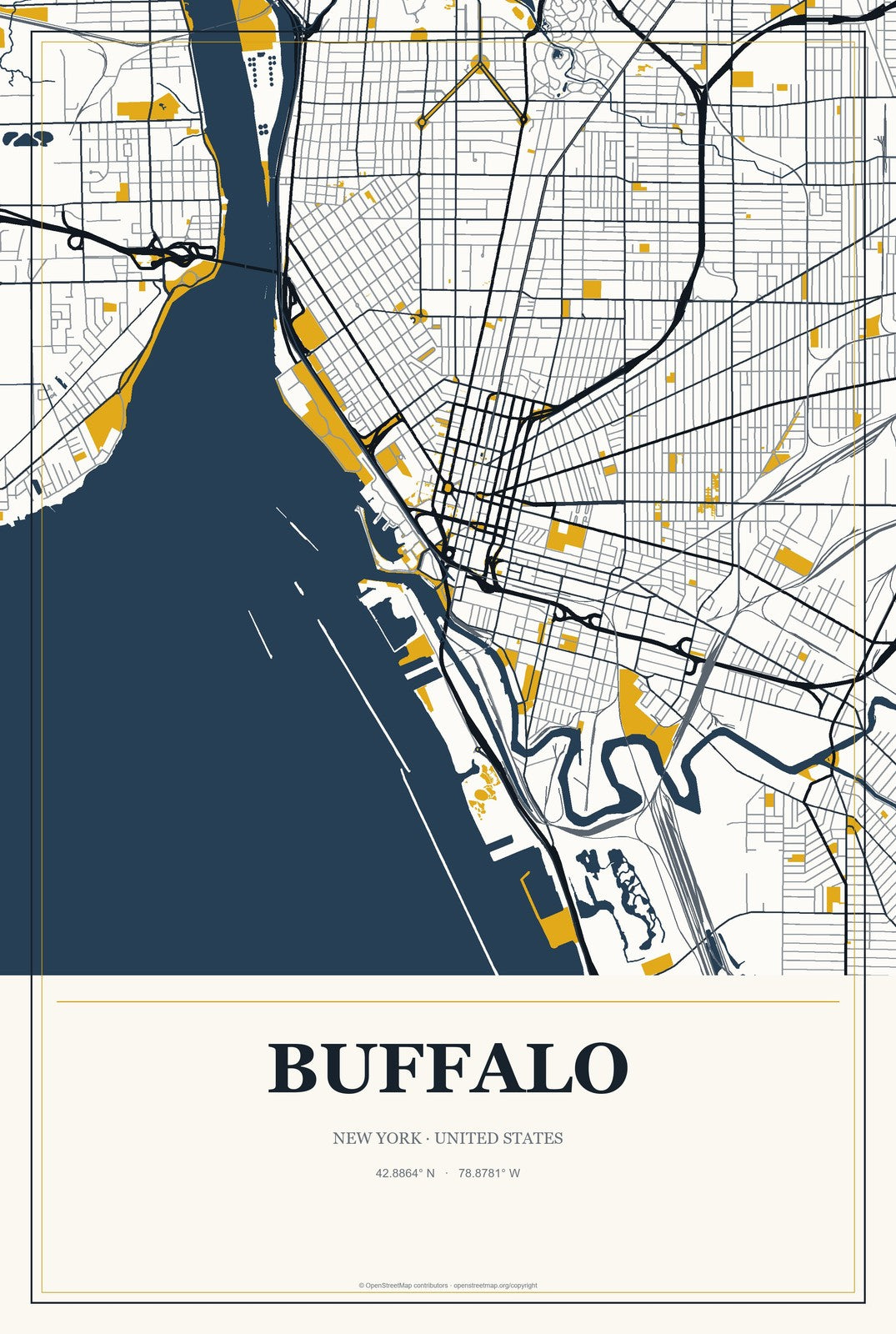 Buffalo, New York City Map Aluminum Sign in Citrine Modern style